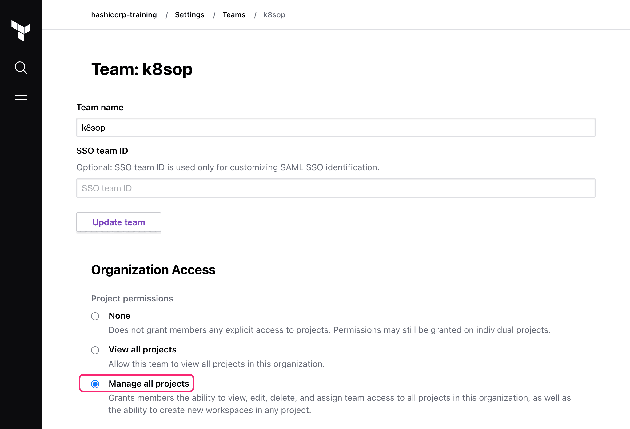 HCP Terraform Team Organization Access: Manage Workspace